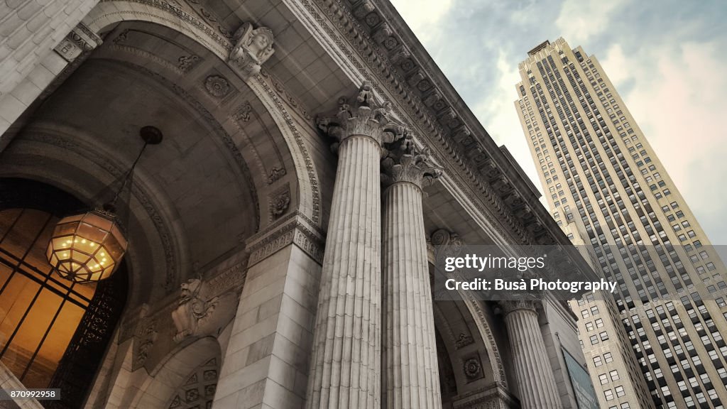 Main entrance of the New York Public Library, along 5th Avenue in Midtown Manhattan, New York City