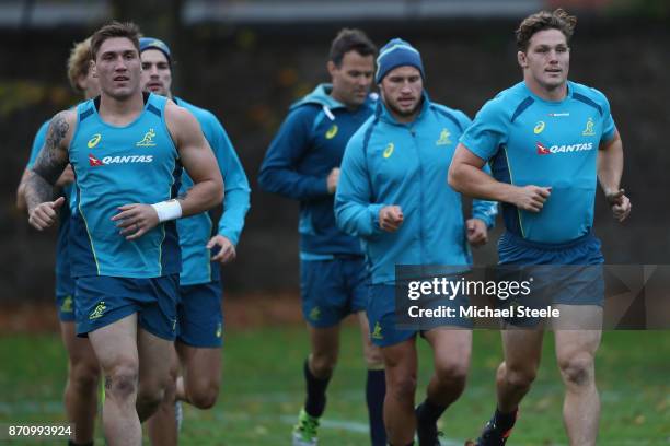 Sean McMahon alongside captain Michael Hooper during the Australia rugby training session at Sport Wales on November 6, 2017 in Cardiff, Wales.