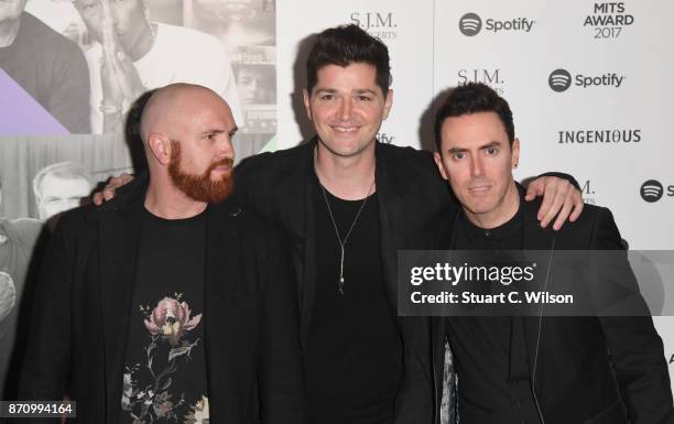 Mark Sheehan, Danny O'Donoghue and Glen Power of 'The Script' attend the 26th annual Music Industry Trust Awards held at The Grosvenor House Hotel on...