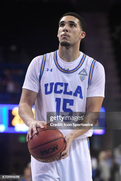 Guard LiAngelo Ball shoots a free throw during an college exhibition basketball game between the Cal State Los Angeles and the UCLA Bruins on...