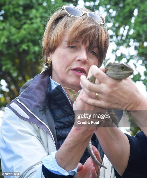 Elke Budenbender, wife of German President Walter Steinmeier, holds a Tuatara called Tane at Zealandia wildlife park on November 7, 2017 in...