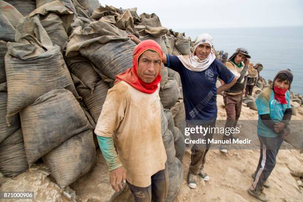 Workers look on as extracting and loading guano to be used as fertilizer at one of the cliffs of the Asia Island on November 03, 2017 in Lima, Peru....