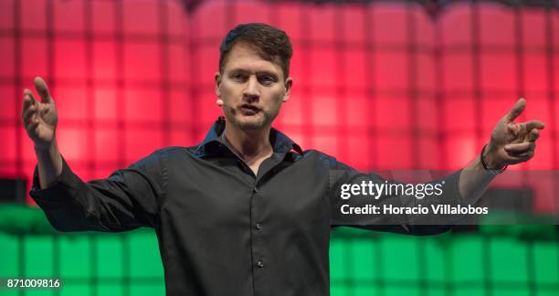 Bryan Johnson, founder of Kernel, OS Fund and Braintree delivers remarks during the opening night of Web Summit in Altice Arena on November 06, 2017...