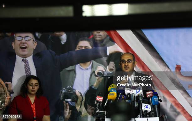 Egyptian lawyer and rights activist Khaled Ali announces the launch of his campaign to run in Egypt's 2018 elections during a press conference in...