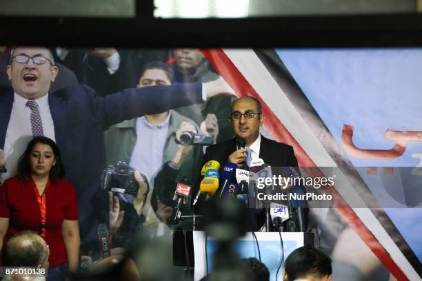 Egyptian lawyer and rights activist Khaled Ali announces the launch of his campaign to run in Egypt's 2018 elections during a press conference in...