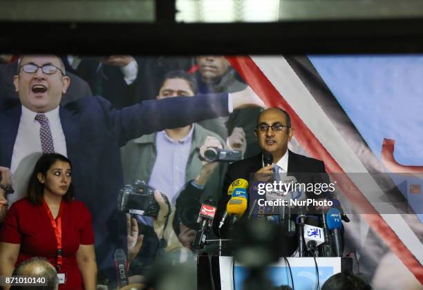 Egyptian lawyer and rights activist Khaled Ali announces the launch of his campaign to run in Egypt's 2018 elections during a press conference in...