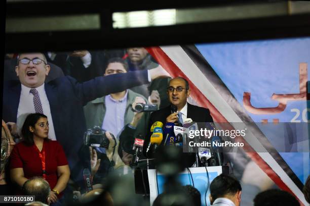 Egyptian lawyer and rights activist Khaled Ali announces the launch of his campaign to run in Egypt's 2018 elections during a press conference in...