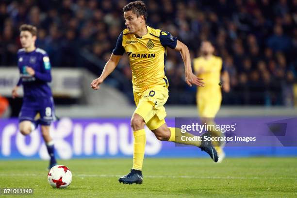 Jelle Vossen of Club Brugge during the Belgium Pro League match between Anderlecht v Club Brugge at the Constant Vanden Stock Stadium on November 5,...