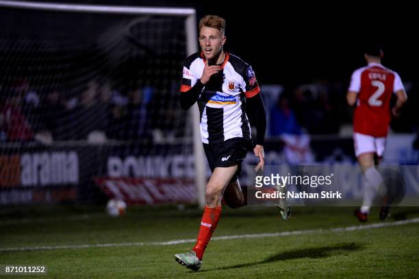 George Glendon of Chorley celebrates after scoring during The Emirates FA Cup First Round match between Chorley and Fleetwood Town at Victory Park on...