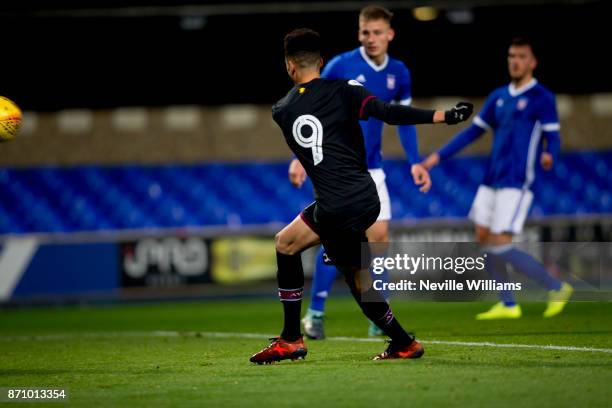 Harvey Knibbs of Aston Villa scores for Aston Villa during the Premier League Cup match between Ipswich Town and Aston Villa at Portman Road on...