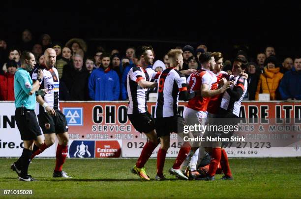 Lewie Coyle of Fleetwood Town is sent off during The Emirates FA Cup First Round match between Chorley and Fleetwood Town at Victory Park on November...