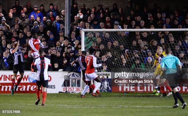 Devante Cole of Fleetwood Town scores during The Emirates FA Cup First Round match between Chorley and Fleetwood Town at Victory Park on November 6,...