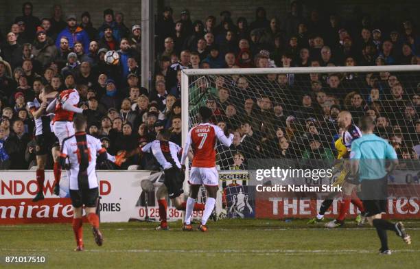 Devante Cole of Fleetwood Town scores during The Emirates FA Cup First Round match between Chorley and Fleetwood Town at Victory Park on November 6,...