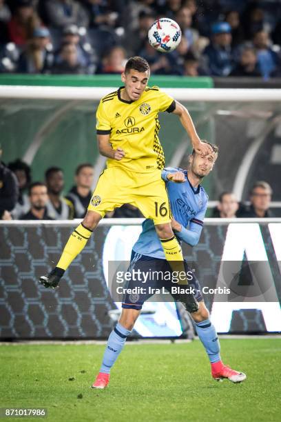 Hector Jimenez of Columbus Crew heads the ball against Andraz Struna of New York City FC during the Audi MLS Eastern Conference Semifinal Leg 2 match...