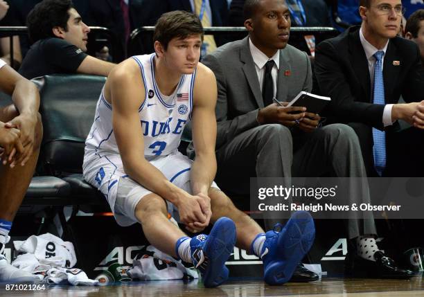 Duke's Grayson Allen sits on the bench in the second half against Clemson during the second round of the ACC Tournament at the Barclays Center in...