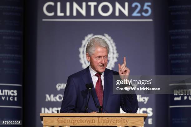 Former U.S. President Bill Clinton speaks at Georgetown University's Gaston Hall November 6, 2017 in Washington, DC. Clinton's speech marked the 25th...