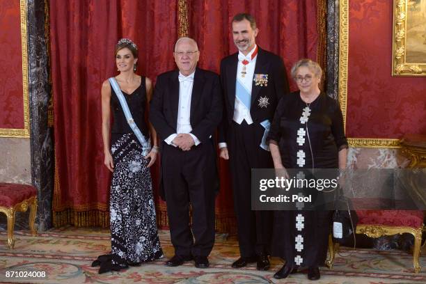 King Felipe VI of Spain and Queen Letizia of Spain receive Israeli President Reuven Rivlin and wife Nechama Rivlin for a Gala Dinner at the Royal...