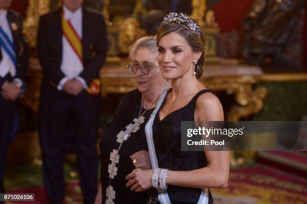 Queen Letizia of Spain and Israeli President wife Nechama Rivlin attend a Gala Dinner at the Royal Palace on November 6, 2017 in Madrid, Spain.