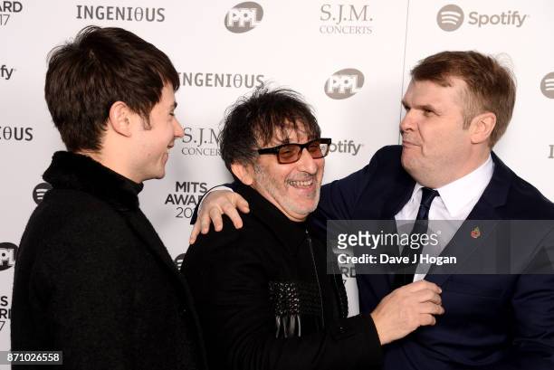 Riley Broudie, Ian Broudie and Rob Stringer attend the 26th annual Music Industry Trust Awards held at The Grosvenor House Hotel on November 6, 2017...
