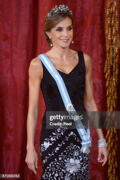 Queen Letizia of Spain receives Israeli President Reuven Rivlin and wife Nechama Rivlin for a Gala Dinner at the Royal Palace on November 6, 2017 in...