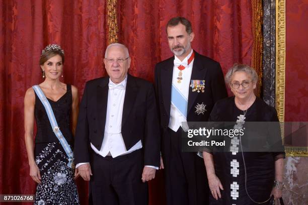 King Felipe VI of Spain and Queen Letizia of Spain receive Israeli President Reuven Rivlin and wife Nechama Rivlin for a Gala Dinner at the Royal...