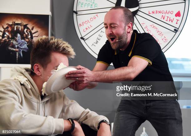 Miniminter loses at the Wheel of Misfortune, receives a pie in the face from Total Tekkers' Rocket at the Xbox One X Launch Livestream on November 6,...