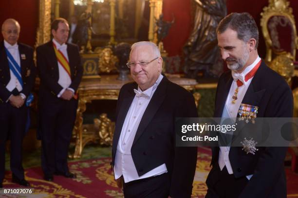 King Felipe VI of Spain and Israeli President Reuven Rivlin attend a Gala Dinner at the Royal Palace on November 6, 2017 in Madrid, Spain.