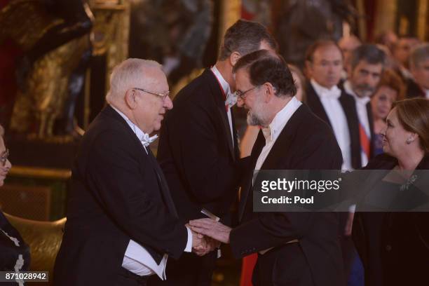 Israeli President Reuven Rivlin receives Spanish prime minister Mariano Rajoy and wife for a Gala Dinner at the Royal Palace on November 6, 2017 in...