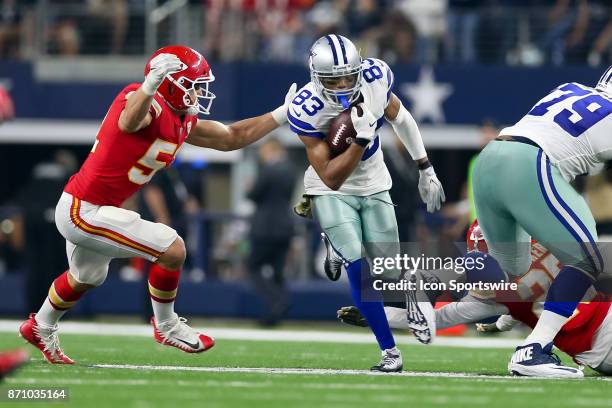 Dallas Cowboys wide receiver Terrance Williams runs by Kansas City Chiefs linebacker Frank Zombo during the NFL game between the Kansas City Chiefs...