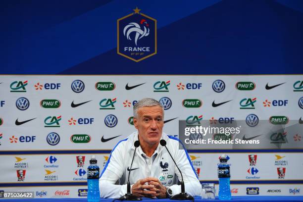 French Football Team head coach Didier Deschamps during the press conference before the training session on November 6, 2017 in Clairefontaine,...