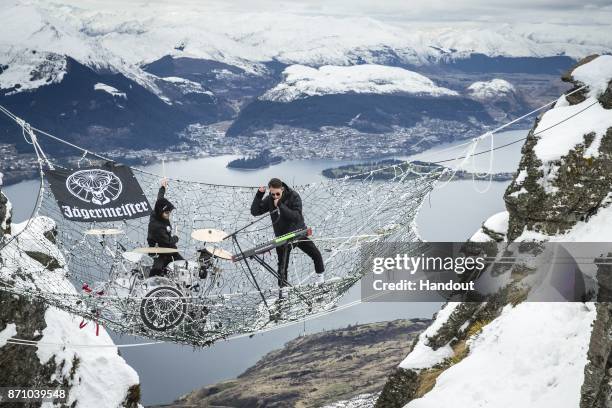 In this handout image supplied by Jägermeister, Pat Lundy and Josh Friend of London band Modestep perform a thrilling Jägermeister Ice Cold Gig,...