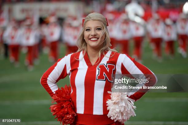 Cheerleader for the Nebraska Cornhuskers performs before the game against the Northwestern Wildcats at Memorial Stadium on November 4, 2017 in...