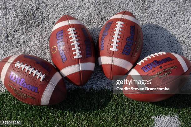 Footballs used by the Northwestern Wildcats before the game against the Nebraska Cornhuskers at Memorial Stadium on November 4, 2017 in Lincoln,...