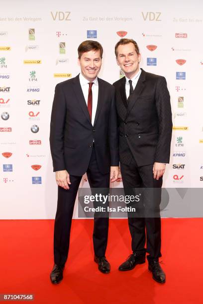 Stephan Scherzer and German actor Malte Arkona during the VDZ Publishers' Night at Deutsche Telekom's representative office on November 6, 2017 in...
