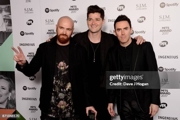 Mark Sheehan, Danny O'Donoghue and Glen Power of the band The Script attend the 26th annual Music Industry Trust Awards held at The Grosvenor House...