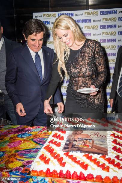 Urbano Cairo and Ria Antoniou attend For Men Magazine 2018 calendar presentation on November 6, 2017 in Milan, Italy.