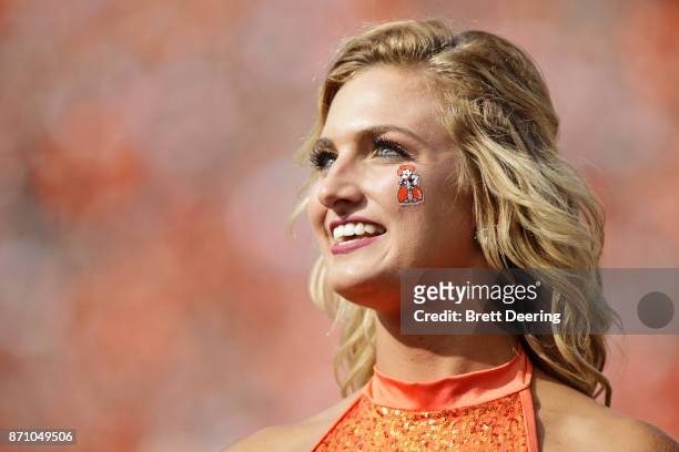 Member of the Oklahoma State Cowboys spirit squad performs before the game against the Oklahoma Sooners at Boone Pickens Stadium on November 4, 2017...