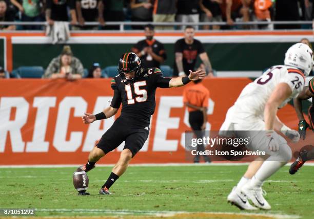 University of Miami kicker Michael Badgley kicks off during an NCAA football game between the Virginia Tech Hokies and the University of Miami...