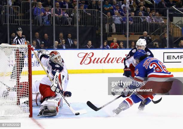 Sergei Bobrovsky of the Columbus Blue Jackets makes the second period save on Mats Zuccarello of the New York Rangers at Madison Square Garden on...