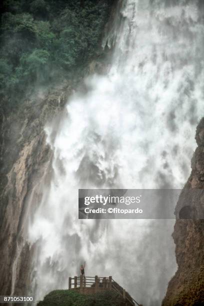 a tourist happy under chiflón waterfall in chiapas,  brief code 775071365 - southern european descent fotografías e imágenes de stock