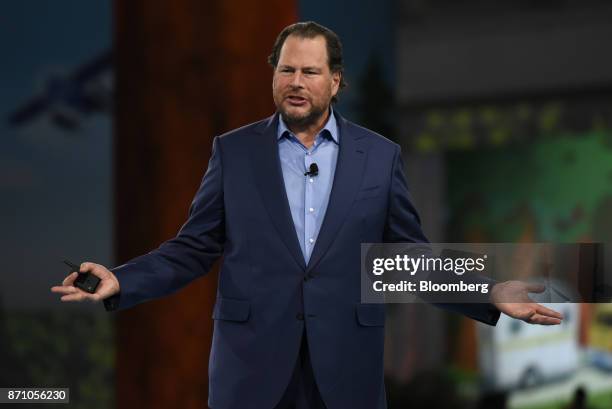 Marc Benioff, chairman and chief executive officer of Salesforce.com Inc., delivers the keynote speech during the DreamForce Conference in San...