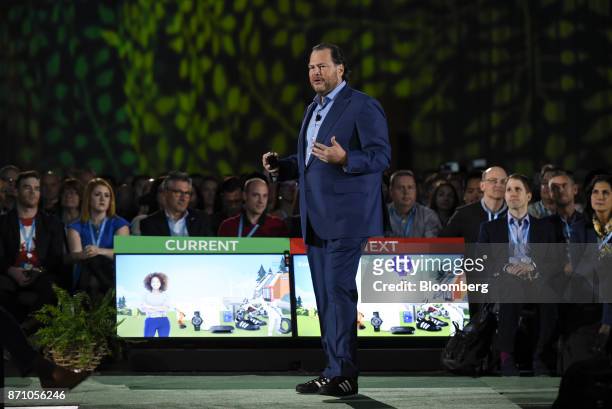 Marc Benioff, chairman and chief executive officer of Salesforce.com Inc., delivers the keynote speech during the DreamForce Conference in San...