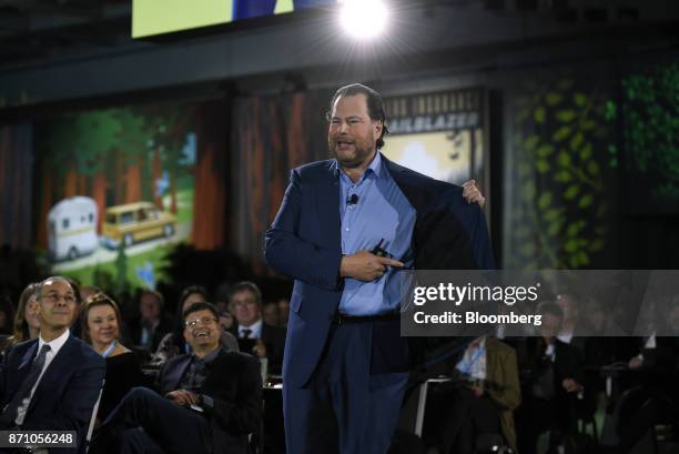 Marc Benioff, chairman and chief executive officer of Salesforce.com Inc., delivers the keynote speech during the DreamForce Conference in San...