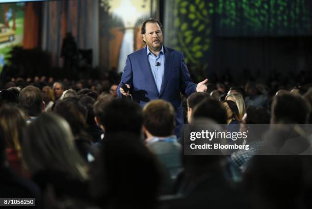 Marc Benioff, chairman and chief executive officer of Salesforce.com Inc., delivers the keynote speech during the DreamForce Conference in San...