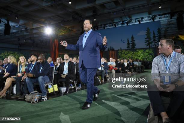 Marc Benioff, chairman and chief executive officer of Salesforce.com Inc., delivers the keynote speech during the DreamForce Conference in San...