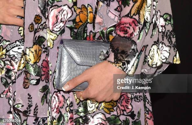Closeup detail of actress Amber Rose Revah's clutch is seen at the "Marvel's The Punisher" New York Premiere on November 6, 2017 in New York City.