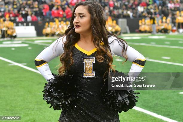 An Iowa cheerleader before a Big Ten Conference football game between the Ohio State Buckeyes and the Iowa Hawkeyes on November 04 2017, at Kinnick...