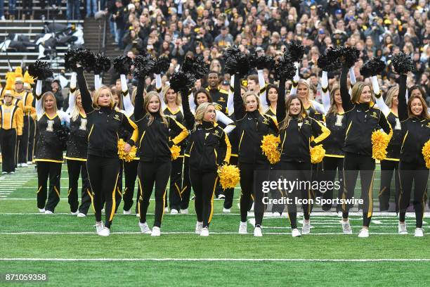 The Iowa cheerleaders and dance team before a Big Ten Conference football game between the Ohio State Buckeyes and the Iowa Hawkeyes on November 04...