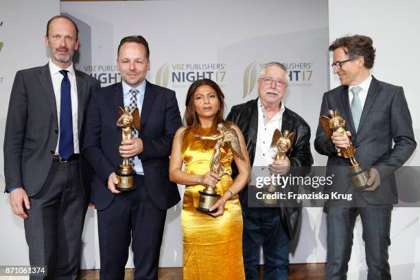 Alexander Freiherr Knigge, Daniel Roeder, Ensaf Haidar, Wolf Biermann and Markus Mosa during the VDZ Publishers' Night at Deutsche Telekom's...