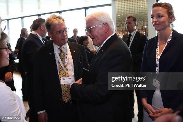German President Frank-Walter Steinmeier meets guests at the German and New Zealand Chamber of Commerce in the PWC Building on November 7, 2017 in...